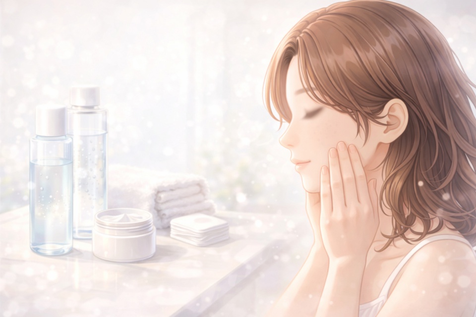 スキンケア用品の並ぶ洗面台で、頬に手を当ててケアをする女性のイラスト。清潔感のある白い空間とやわらかな光が、ニキビ跡ケアのイメージを表現している。