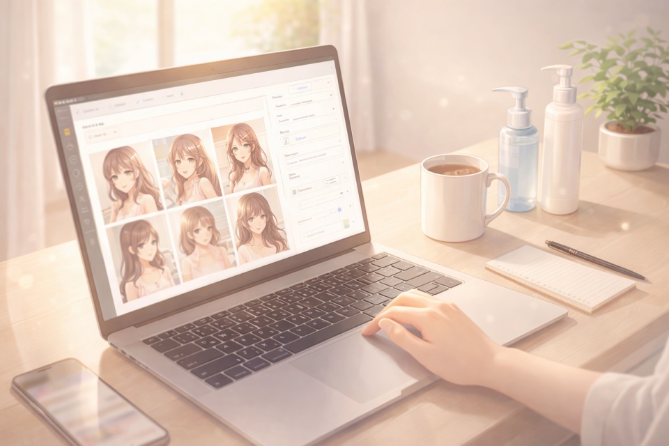 ノートパソコンで生成AI画像を制作しているデスク風景。スキンケア用品やコーヒーが置かれた、明るく清潔感のある作業空間。