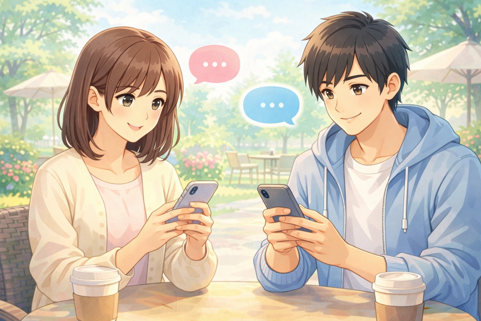 スマホでメッセージをやり取りする男女のアニメイラスト。カフェのような開放的な空間で、安心感のある雰囲気の中、出会い系アプリを利用している様子。