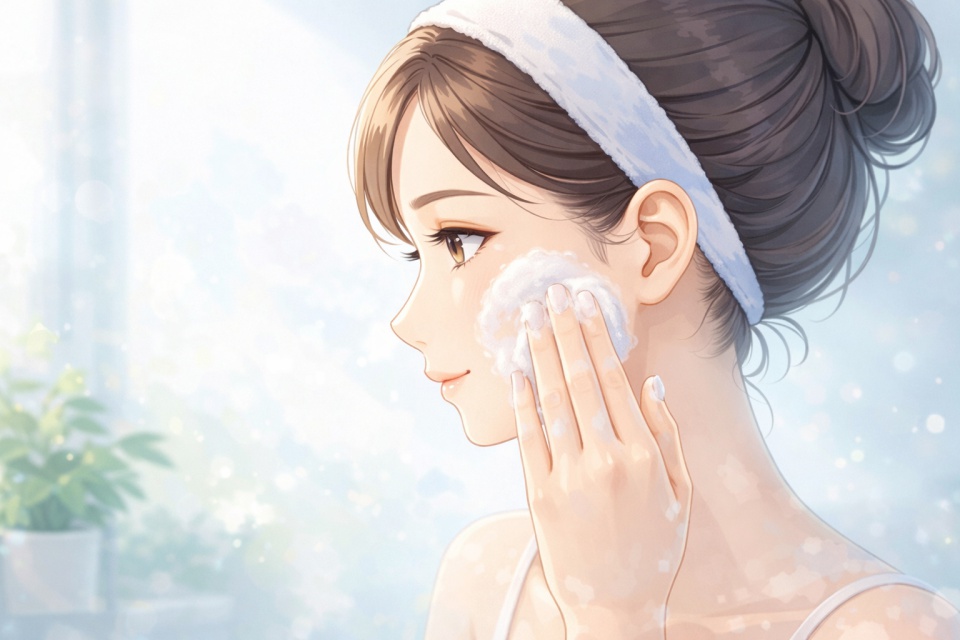 毛穴の黒ずみケアをしている女性の横顔のアニメイラスト。白と水色を基調とした清潔感のある空間で、クレンジング泡を頬になじませている様子。