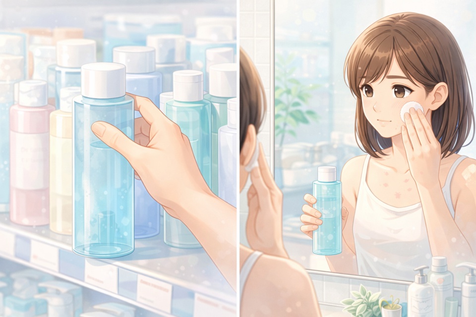 ドラッグストアで化粧水を手に取り、洗面所でスキンケアをする女性のアニメイラスト。清潔感のある白と淡いブルーを基調にした、ニキビケアをイメージしたシーン。