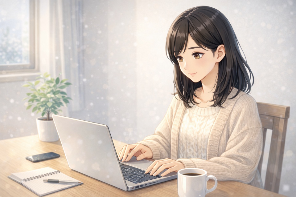 生成AIを使ってブログ用アイキャッチを制作する女性のイラスト。冬の室内でノートパソコンに向かい、アフィリエイトブログ作業をしているイメージ。