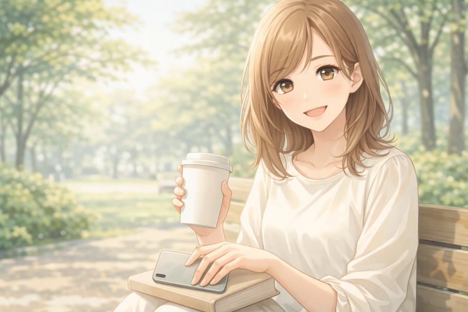 自然光が差し込む公園のベンチで、コーヒーを片手に微笑む女性のアニメ風イラスト。スマホと本を持ち、落ち着いた雰囲気の中でリラックスしている様子が描かれており、マッチングアプリ用プロフィール写真を連想させる一枚。