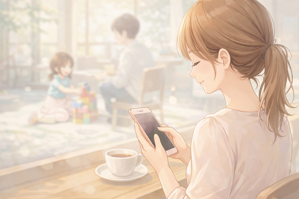 明るいカフェでスマホを操作しながら微笑む女性のアニメイラスト。背景には子どもが遊ぶ様子がぼんやりと描かれており、シングルマザーの日常と出会いへの前向きな気持ちが伝わるやさしい雰囲気の一枚。