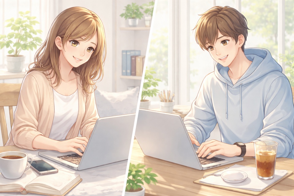 明るい室内でノートパソコンを使って作業する男女のアニメイラスト。在宅ワークや副業をしている様子が伝わる、清潔感と前向きな雰囲気のシーン。
