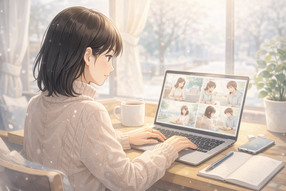 冬のやわらかな光が差し込む部屋で、ノートパソコンを使って作業する黒髪ストレートの女性。コーヒーとノートを横に置き、落ち着いた雰囲気の中で生成AIの画像を確認している様子のアニメイラスト。