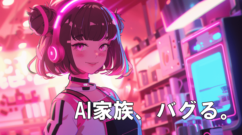近未来のキッチンでヘッドホンをつけたAI風キャラクターが微笑む、昭和アニメテイストのパロディイラスト。
