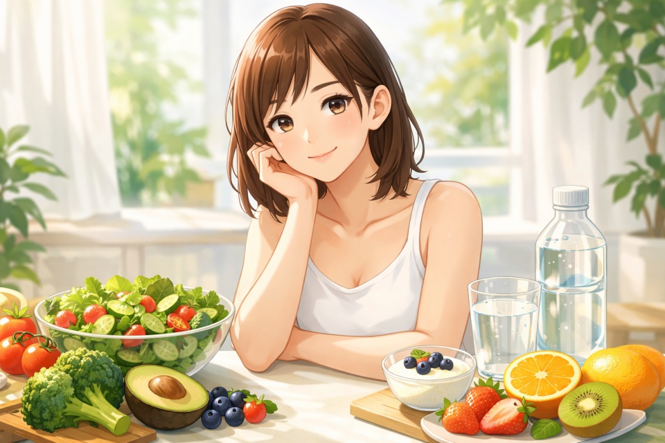 明るい自然光の差し込むキッチンで、サラダや果物、水など肌に良い食べ物に囲まれて微笑む健康的な女性のアニメイラスト。清潔感があり、食生活と肌ケアの関係をイメージさせる。