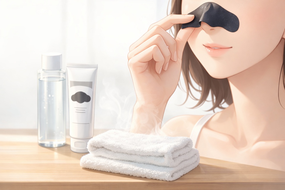 毛穴パックを使って鼻のケアをする女性のイラスト。蒸しタオルとスキンケア用品が並ぶ清潔感のある洗面台で、毛穴汚れをすっきり落とす様子を表現している。