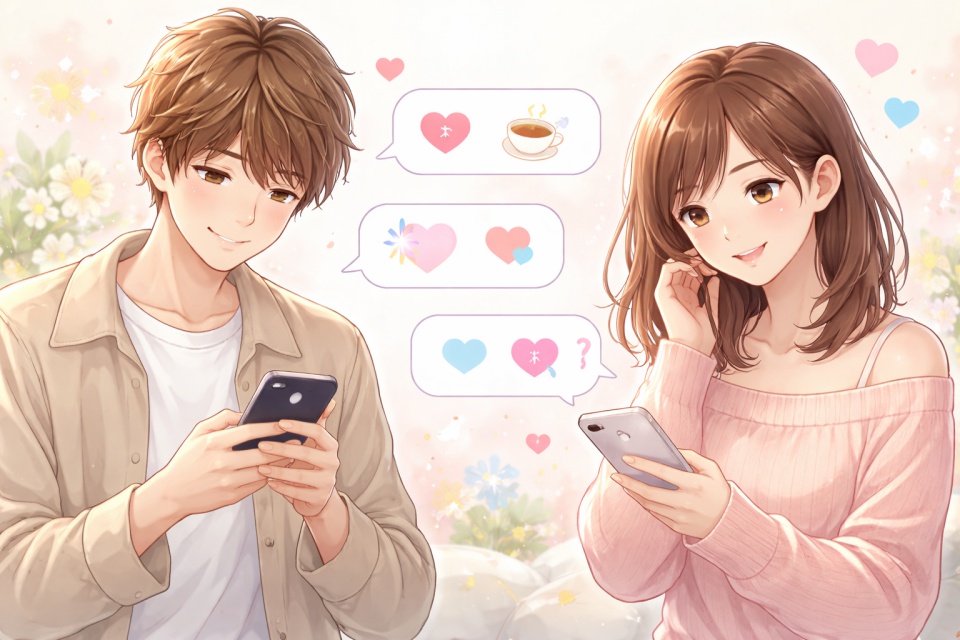 スマホでメッセージをやり取りする男女のイラスト。やさしいパステルカラーで描かれ、マッチングアプリでの会話の雰囲気を表現している。