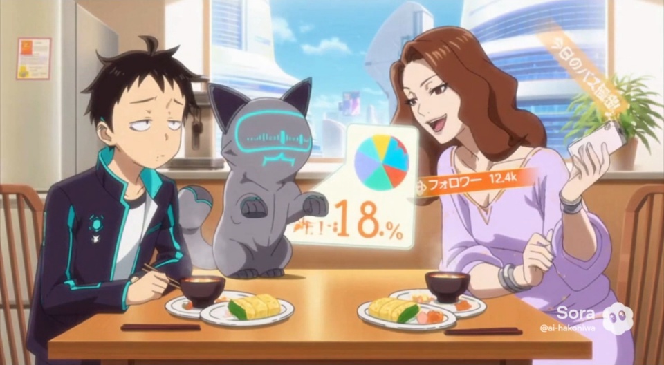 近未来のダイニングで、AI猫のドヤえもん、疲れた表情の中学生ノビ増、スマホを手に微笑む静ママが食事をしながら会話しているアニメイラスト。AIの分析データやフォロワー数がホログラム表示され、情報過多な日常を象徴している。