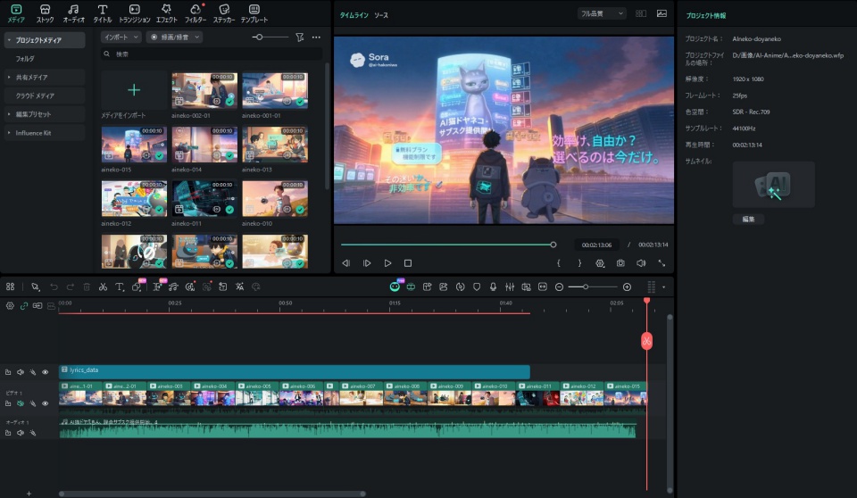 Filmoraの動画編集画面で、AIパロディアニメ「AI猫ドヤえもん『課金サブスク提供開始』」を編集中のスクリーンショット。Sora生成映像と音声タイムラインが並ぶ制作途中の様子。