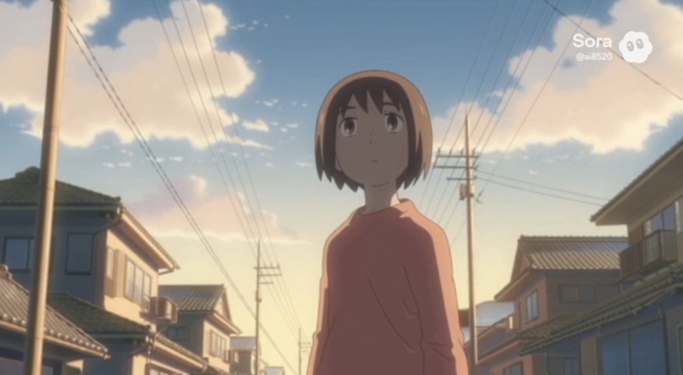 夕方の住宅街で立ち止まり、空を見上げる少女。穏やかな表情のまま、どこか違和感のある日常を見つめているアニメ調のワンシーン。