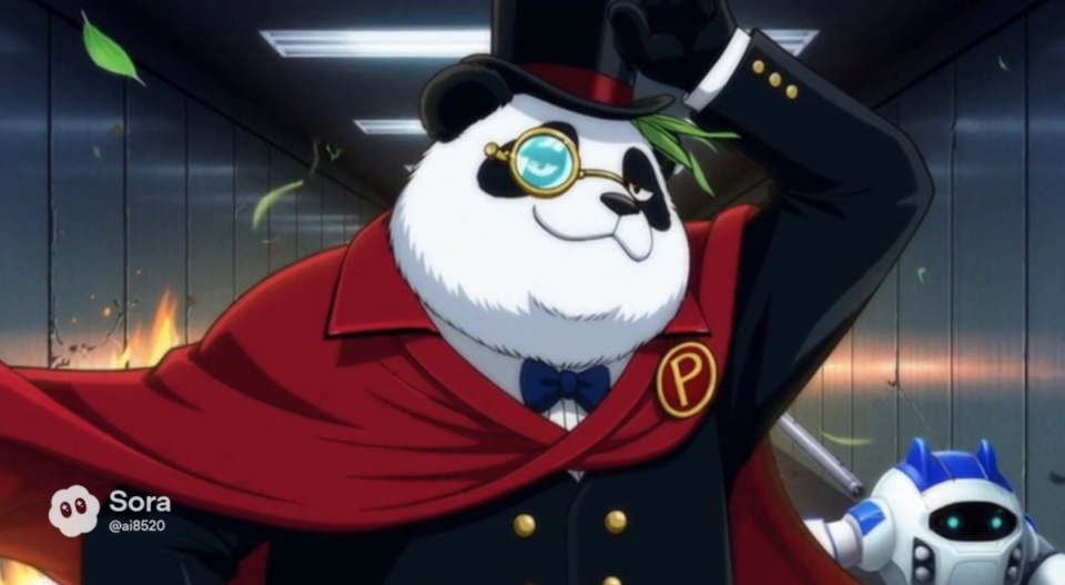 怪盗風の衣装を身にまとったパンダのキャラクター「ルパンダ兄」が画面中央に立つMVのワンシーン。赤いマントをなびかせ、シルクハットとモノクルを着用したルパンダ兄が自信満々のポーズを決めている。背後には炎と煙が立ち上る通路が描かれ、逃走劇の緊張感とコミカルな雰囲気が融合したアニメ調の映像。