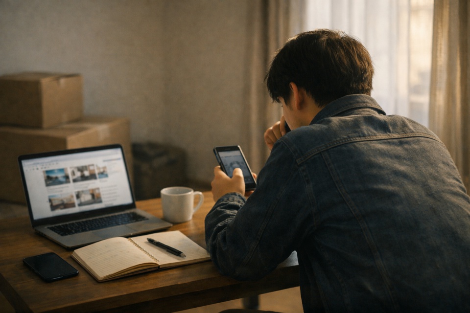 引っ越し前のシンプルな部屋で、段ボール箱が置かれた背景の中、机に座った若い社会人がスマートフォンで賃貸情報を確認している後ろ姿。ノートやマグカップが置かれ、上京前夜に部屋探しについて静かに考えている様子が伝わる写真。