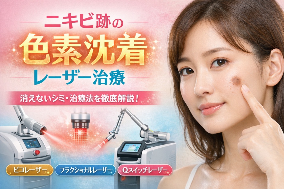 ニキビによる色素沈着の改善を象徴するビジュアル。清潔感のある女性の横顔と、滑らかな肌の質感を強調したやわらかい色調のデジタルアート。背景は医療的な清潔感を演出する淡いブルー系で統一。