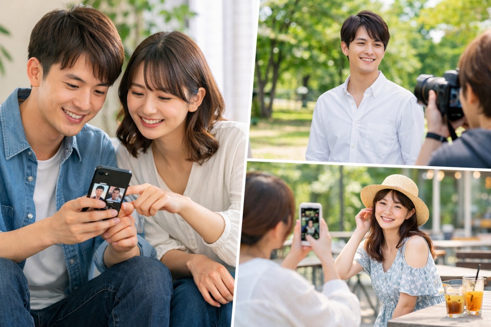 マッチングアプリのプロフィール写真を確認する若いカップルと、屋外で自然光を使って撮影する男女の様子を写したコラージュ画像。男性は白シャツで公園にてカメラマンに撮影され、女性は夏服でカフェテラスにて友人にスマホで撮影されている。