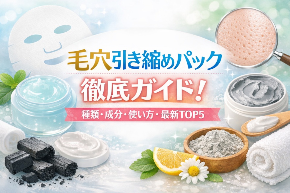 「毛穴引き締めパック徹底ガイド！」という日本語のタイトルと、「種類・成分・使い方・最新TOP5」のサブタイトルが記載されたプロモーション用バナー画像。背景は清潔感のある水色と白を基調に、左にジェル、右にクレイや炭、柑橘類などのスキンケア素材、右上には毛穴を拡大した肌のイメージが描かれている。明るく爽やかな印象の美容系ビジュアル。