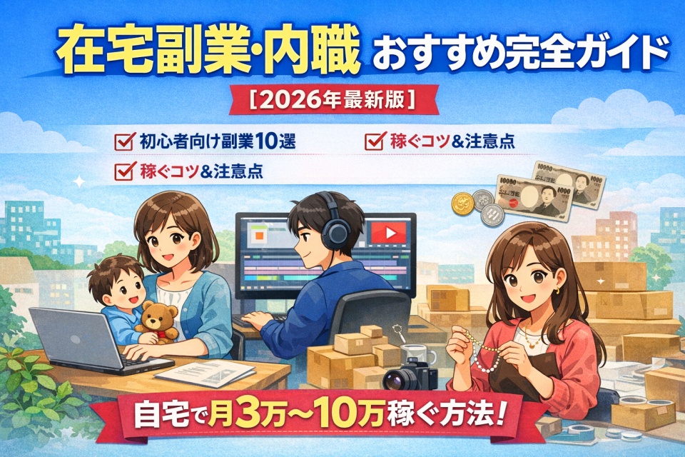 「在宅副業・内職おすすめ完全ガイド【2026年最新版】」と書かれた日本語の広告バナー。パソコン作業中の主婦、動画編集をする男性、ハンドメイド商品を制作する女性のイラストが描かれており、「自宅で月3万〜10万稼ぐ方法！」というキャッチコピーが強調されている。