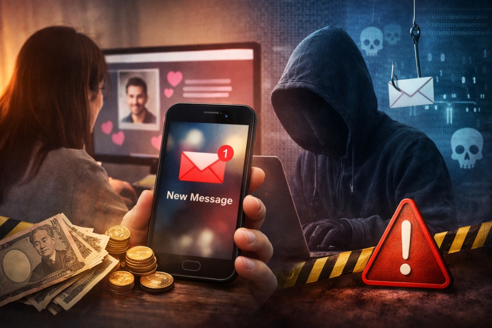 出会い系掲示板を利用する若い女性が、パソコンの画面に表示された男性のプロフィールを見ている。中央にはスマートフォンに「新着メッセージ」の通知が表示され、周囲に日本円の紙幣とコインが置かれている。右側にはフードを被った人物がノートパソコンを操作しており、背景には警告マークやドクロ、フィッシング詐欺を示すアイコンが浮かぶ。