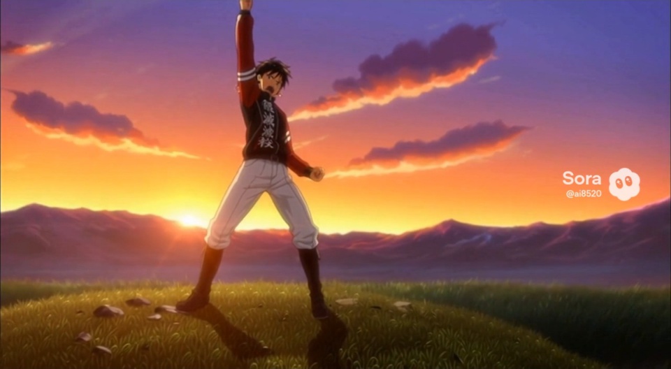 鬼滅の刃パロディアニメソング「キメすぎの刃」に登場する筋治郎が、夕焼け空を背景に右腕を高く突き上げたポーズを取っているシーン。草原に立つ筋治郎は、赤黒のトレーニングジャケットと白いズボン、黒いブーツを着用し、力強く前を見据えている。山並みと沈みゆく夕日がドラマチックな雰囲気を演出している。