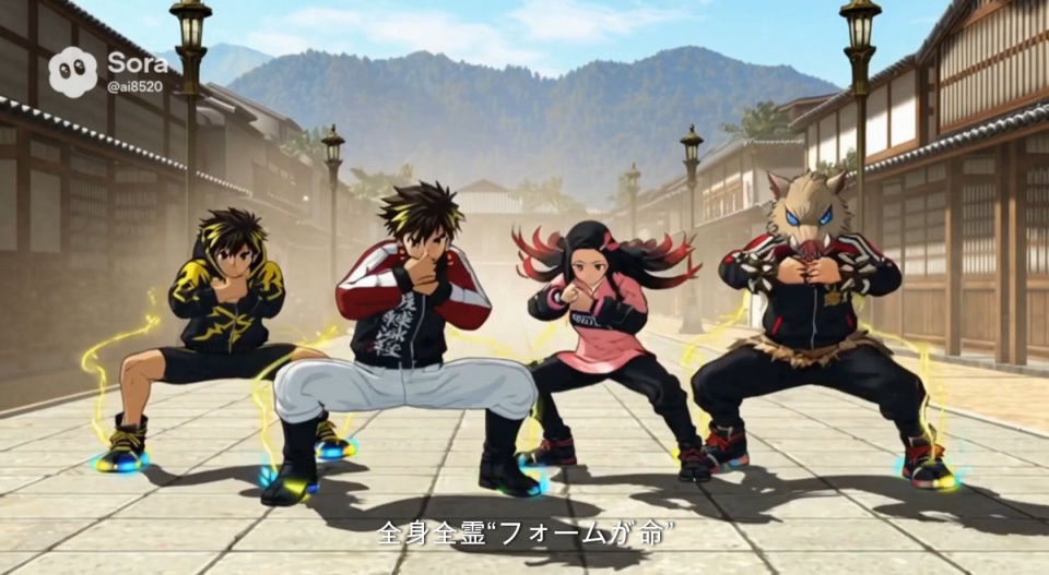 鬼滅の刃パロディAIアニメMV「キメすぎの刃 ～筋肉の呼吸・壱ノ型～」のワンシーン。左から雷マッチョ善、筋治郎、寝る子、猪マッスル助の4人が、和風の街道を背景にスクワット姿勢で構え、全身全霊の“筋肉の呼吸”を見せている場面。足元にはオーラのような光が走り、「全身全霊 “フォームが命”」という字幕が表示されている。