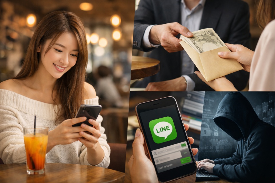 出会い掲示板でLINEを使いパパ活を検討する若い女性と、金銭のやり取りやリスクを象徴するイメージ