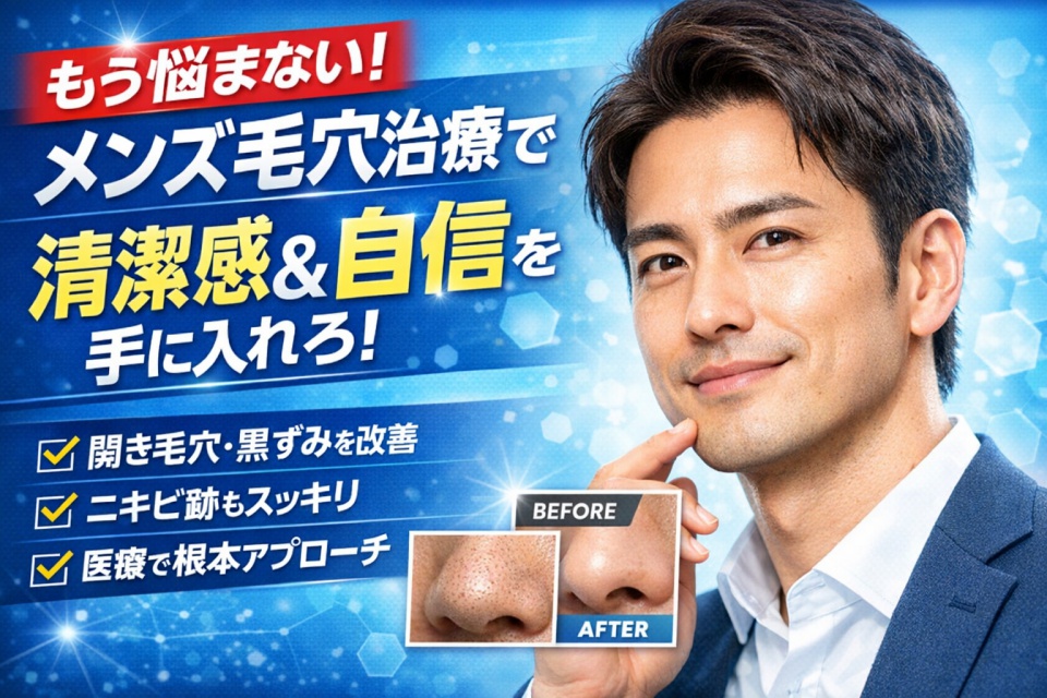 メンズ向け毛穴美容医療をイメージしたアイキャッチ画像。毛穴治療で清潔感と自信を手に入れた男性の顔写真と、開き毛穴・黒ずみのビフォーアフターを示すイメージ。