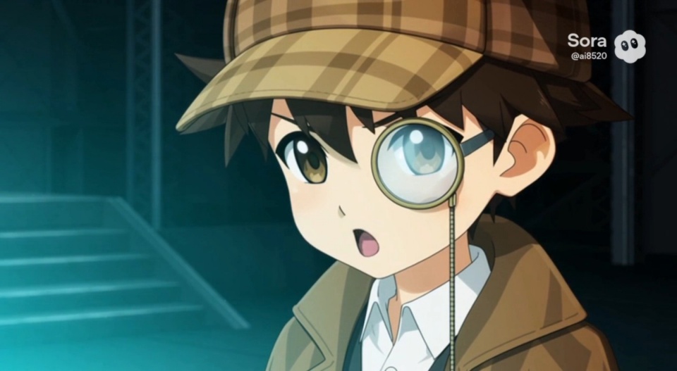 チェック柄の探偵帽とモノクルを身に着けた少年探偵コホクが驚いた表情で推理するAIアニメMVのワンシーン