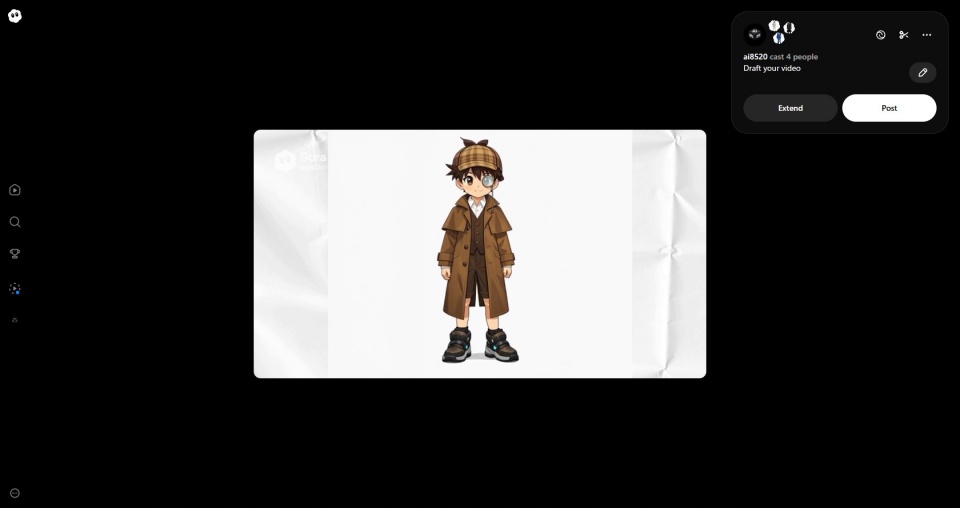 白背景の中央に立つ迷探偵コホクの全身キャラクターが表示されたSora2生成動画の編集画面