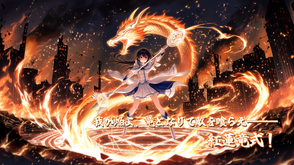 炎をドラゴンの形に変えて攻撃する魔法少女のイラスト。崩壊した都市を背景に、魔法陣の上で詠唱しながら紅蓮の炎を操るシーン。